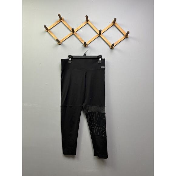 Victoria's Secret Pink Legging Womens small Bonded Crop Black Spellout - Picture 1 of 7